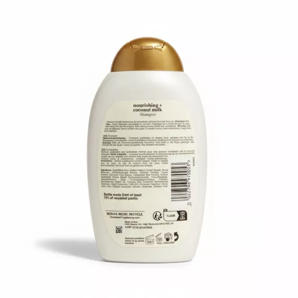 OGX Coconut Milk shampoo bottle back view with ingredients and usage instructions