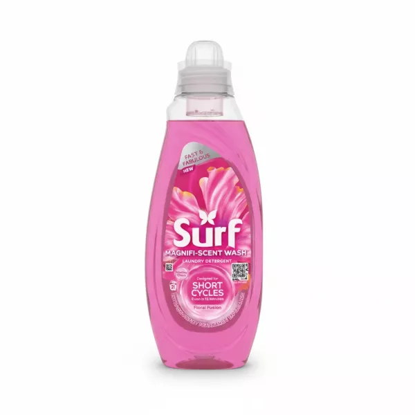 Bottle of Surf Magnifi-Scent Wash Laundry Detergent in pink liquid