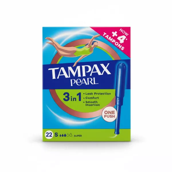 Tampax Pearl Super Tampons packaging front showing product benefits