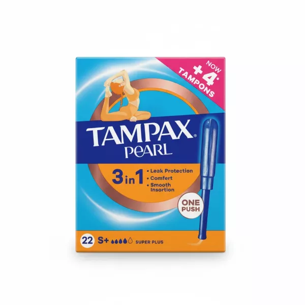 Pack of Tampax Pearl Super Plus tampons front view