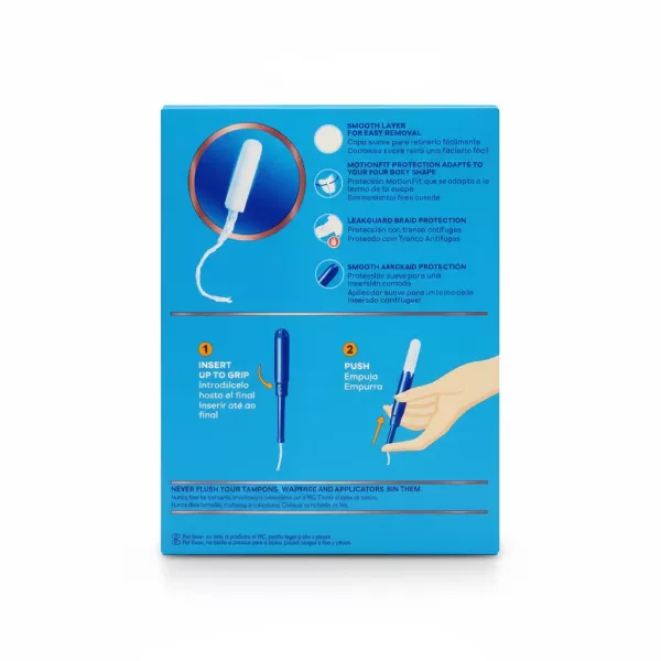 Side of Tampax Pearl Super Plus tampon pack with features and usage illustration