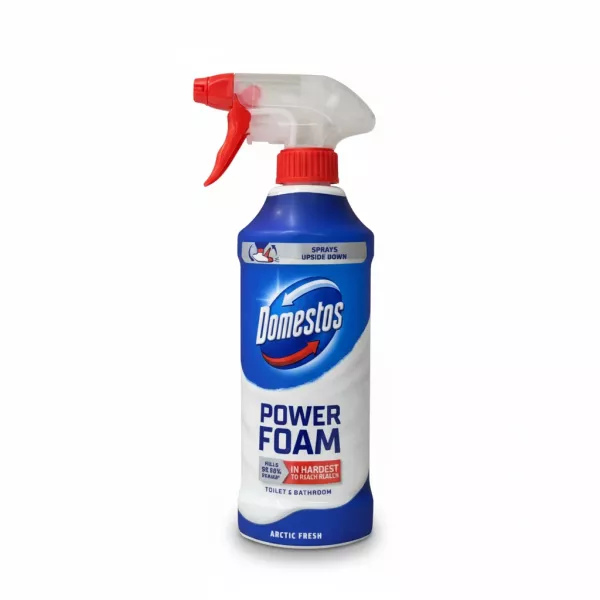 Blue and white Domestos Power Foam Arctic Fresh spray bottle with red trigger