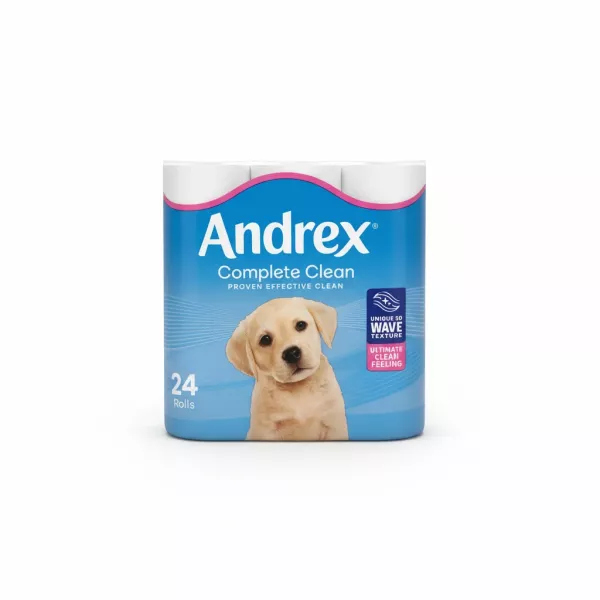 Andrex Complete Clean toilet roll pack with puppy on front