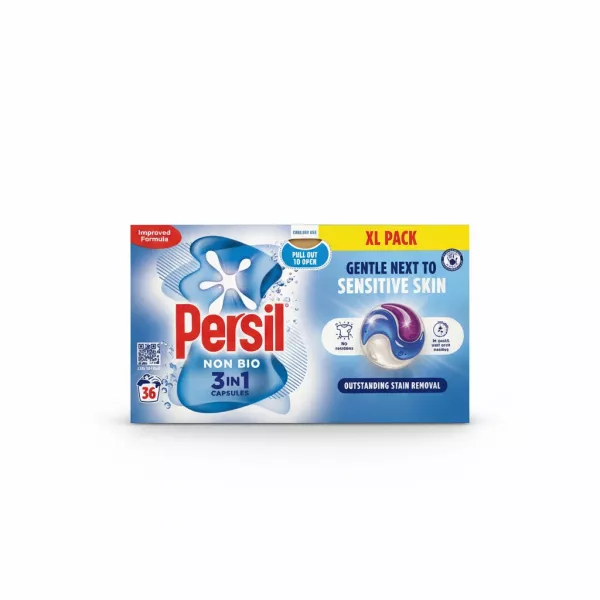Box of Persil Non Bio 3 in 1 Sensitive laundry capsules XL pack
