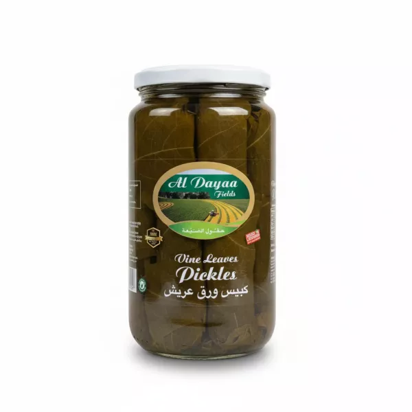 Jar of Al Dayaa Vine Leaves Pickles showing label and sealed lid
