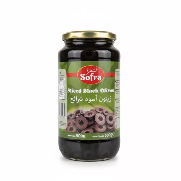 Jar of sliced black olives by Sofra showing front label