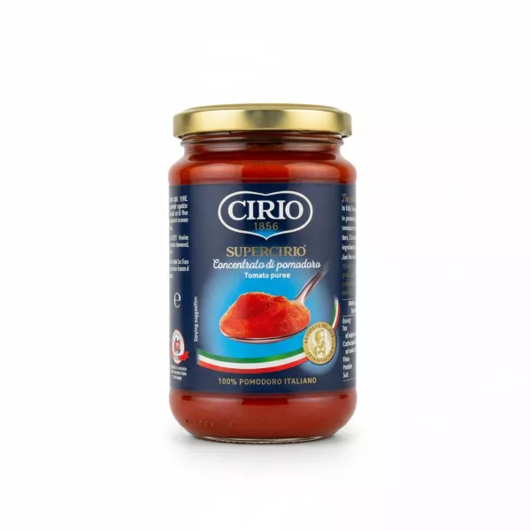 Jar of Cirio Supercirio Tomato Puree with blue label and golden lid