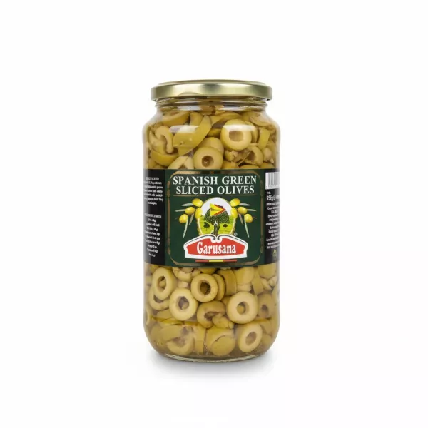 Jar of Garusana Spanish green sliced olives showing front label