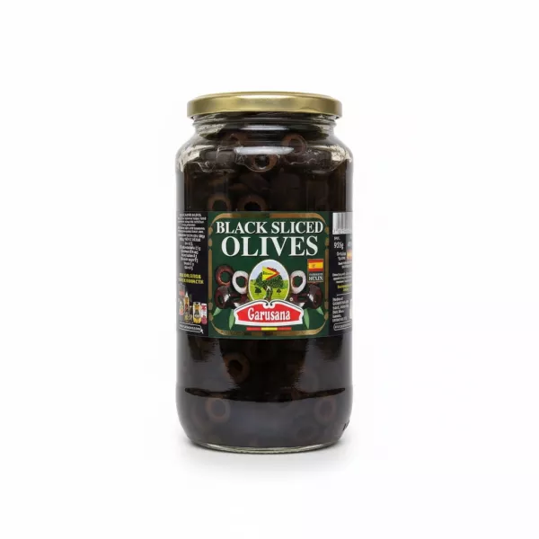 Garusana brand jar of black sliced olives front label