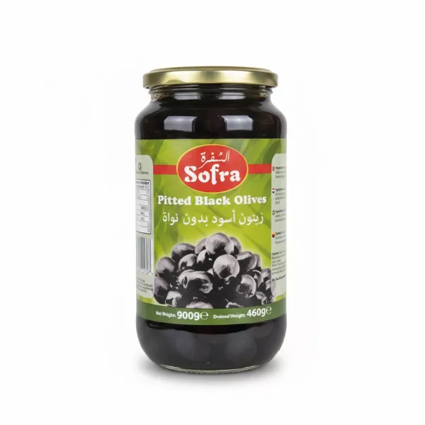 Jar of Sofra Pitted Black Olives with green label