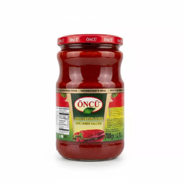 Jar of Öncü Mild Pepper Paste front label showing red pepper and brand logo