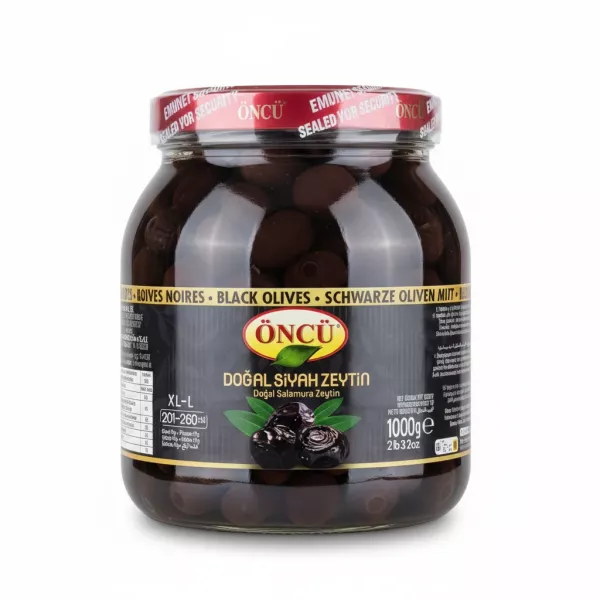 Jar of Öncü Natural Black Olives showing front label