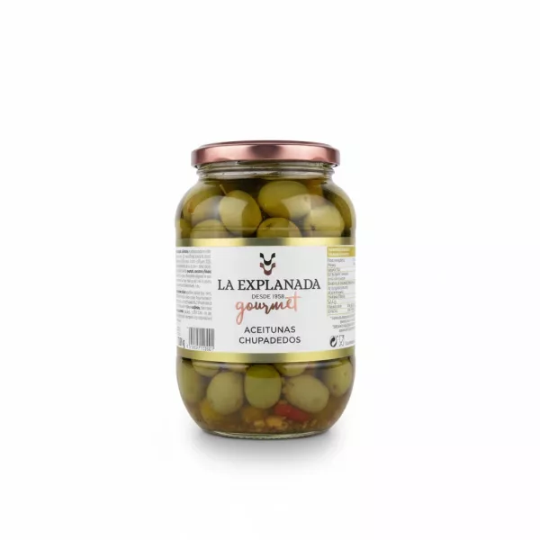 Jar of La Explanada Gourmet Cracked Green Olives front label