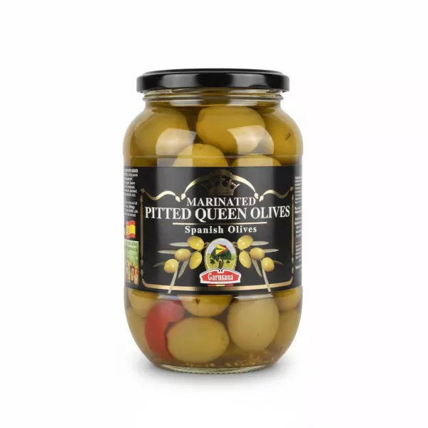 Jar of Garusana marinated pitted queen olives with visible olives and red pepper inside