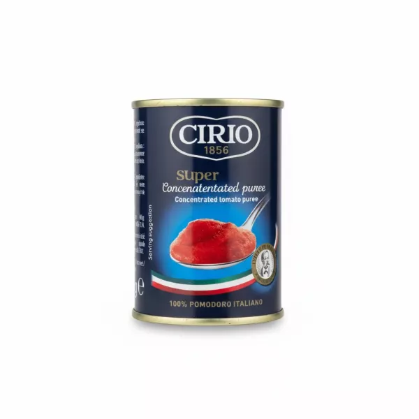 Cirio Concentrated Tomato Puree can front label with tomato puree image
