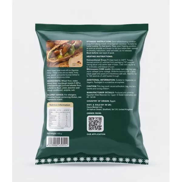 Oasis Egyptian Baladi Bread sourdough 400g ingredients nutrition and storage information