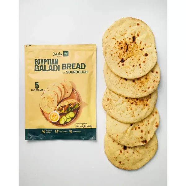 Oasis Egyptian baladi bread pack with five traditional flatbreads on white background