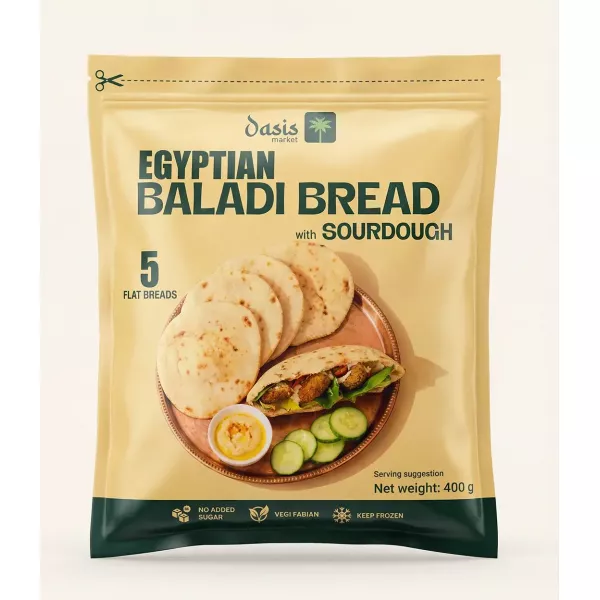 Oasis Egyptian Baladi Bread with sourdough 5 flatbreads frozen pack 400g front packaging