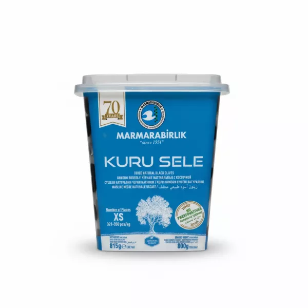 Container of Marmarabirlik dried natural black olives XS size