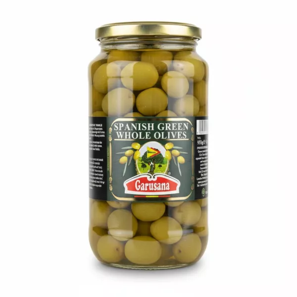 Jar of Garusana Spanish green whole olives front view
