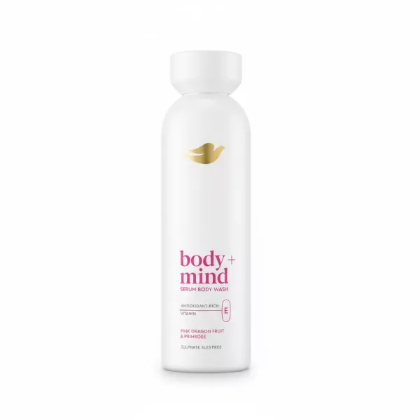 Dove Body+Mind Serum Body Wash bottle front with pink dragon fruit and primrose label