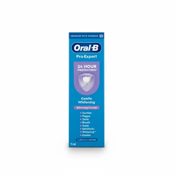 Oral-B Pro-Expert toothpaste box side with whitening benefits list