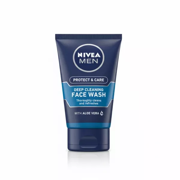 Tube of Nivea Men Deep Cleaning Face Wash with Aloe Vera held in hand