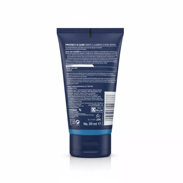 Back label of Nivea Men Deep Cleaning Face Wash showing ingredients and usage information