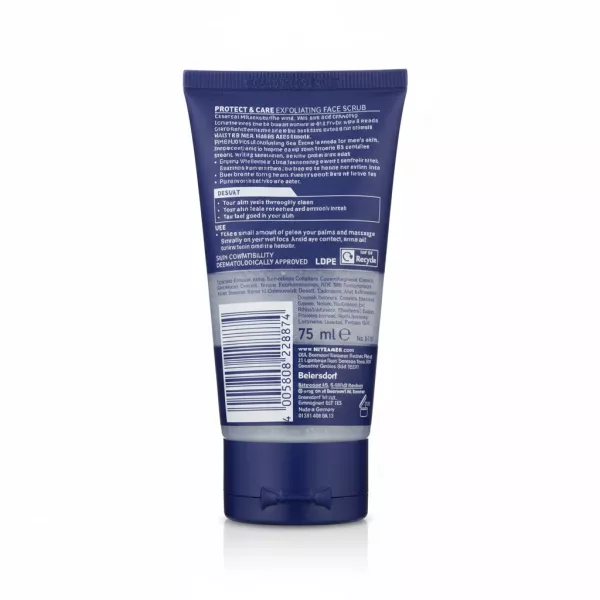 Nivea Men Exfoliating Face Scrub tube back with ingredients and instructions