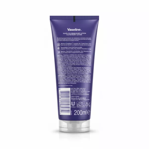 Tube of Vaseline Gluta-Hya Serum Burst Lotion back view with ingredients list