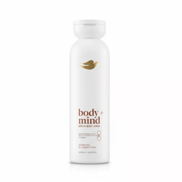 Bottle of Dove Body + Mind Jojoba & Coconut Serum Body Wash front label