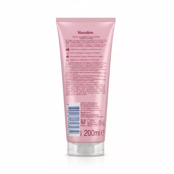 Back of Vaseline Gluta-Hya Serum Burst Lotion with ingredients and usage instructions