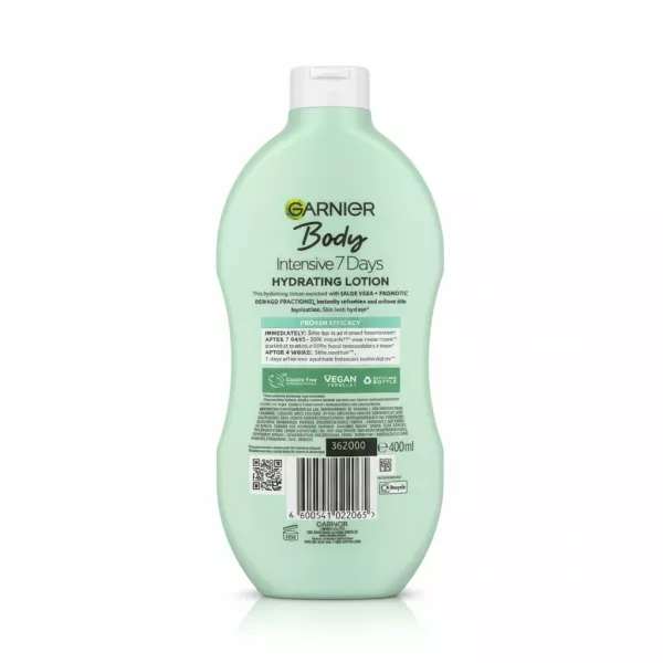 Back of Garnier Body Intensive Aloe Hydrating Lotion bottle displaying ingredients and product info