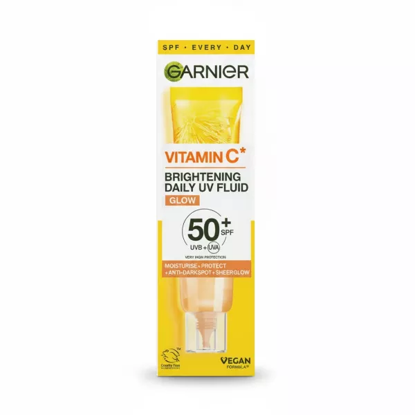 Garnier Vitamin C Brightening Daily UV Fluid SPF 50+ in yellow white packaging