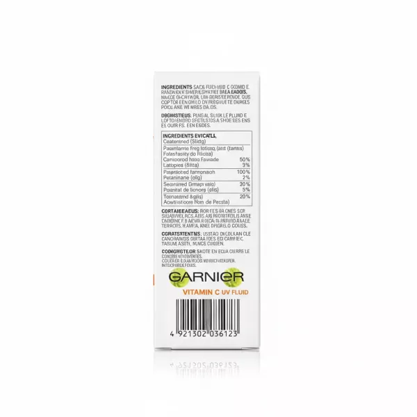 Back view with ingredient list and barcode of Garnier Vitamin C UV Fluid box
