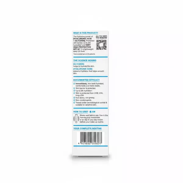 Back view showing ingredients and barcode of Garnier Hyaluron UV Fluid