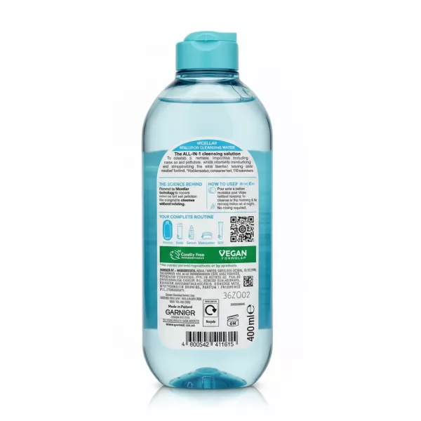 Back of Garnier Micellar Hyaluron Cleansing Water bottle with ingredient list