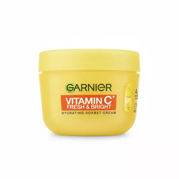 Yellow jar of Garnier Vitamin C Fresh & Bright Hydrating Sorbet Cream front view
