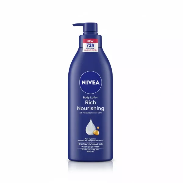 Blue bottle of NIVEA Rich Nourishing Body Lotion with pump dispenser, front view