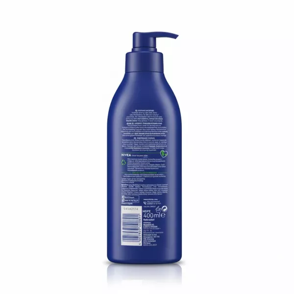 Back of blue NIVEA Rich Nourishing Body Lotion bottle showing ingredients and details