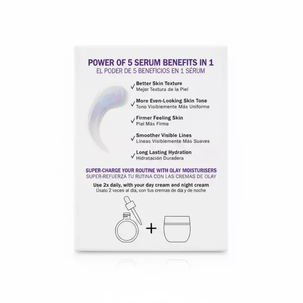 Back side of Olay Super Serum box with benefits and usage instructions