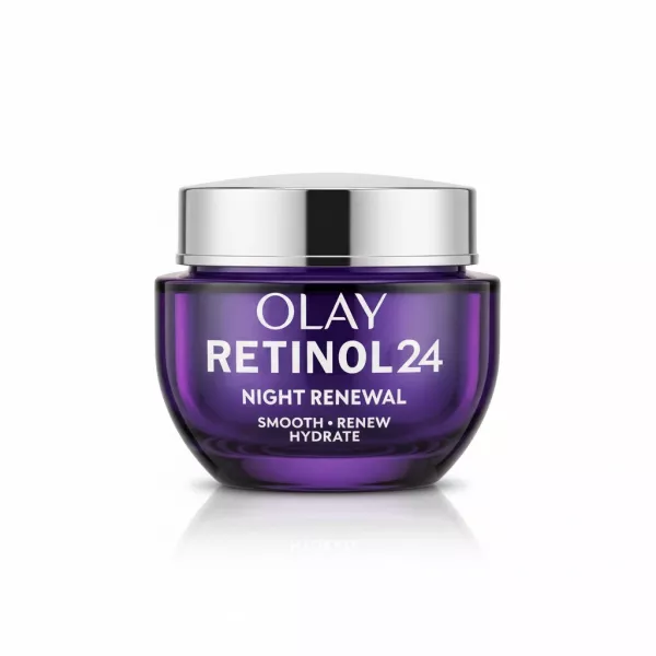 Olay Retinol 24 Night Renewal Cream in purple glass jar