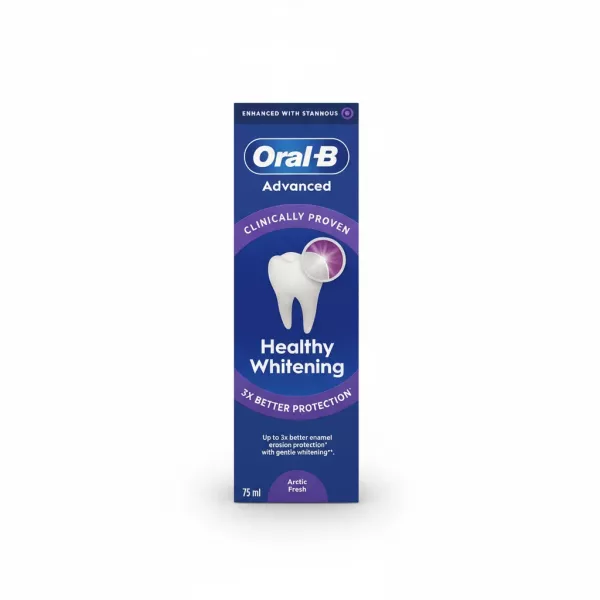 Front side of Oral-B Advanced Healthy Whitening Toothpaste box showing 3x better protection claim