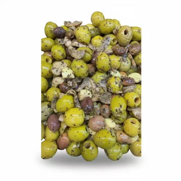 Mixed marinated green and black olives with sliced mushrooms and herbs