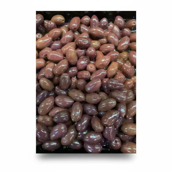 Close-up of shiny dark purple Kalamata olives in brine