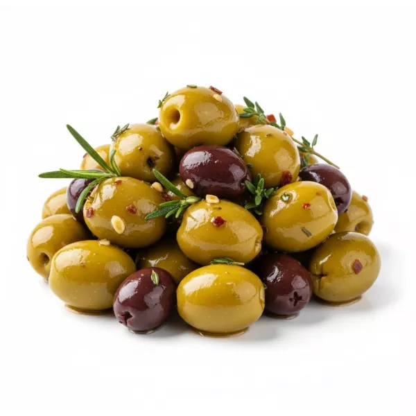 Close-up of mixed marinated green olives with herbs in oil