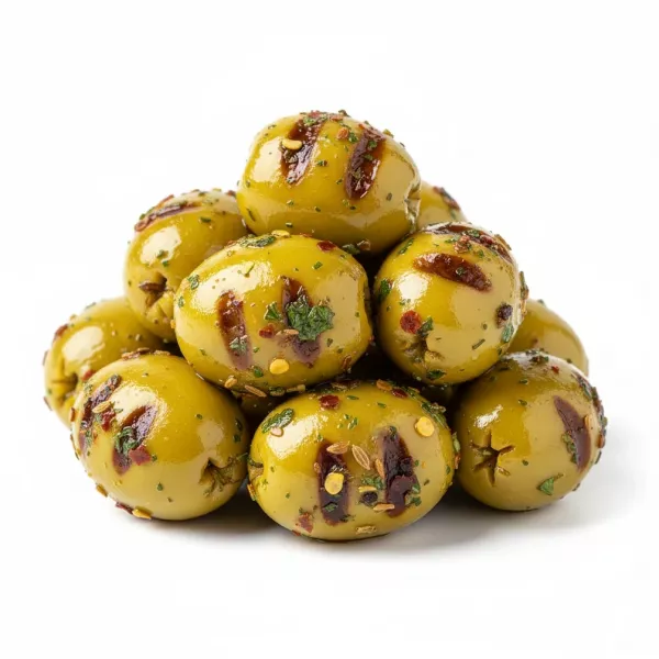 Close-up of grilled green olives with spice seasoning