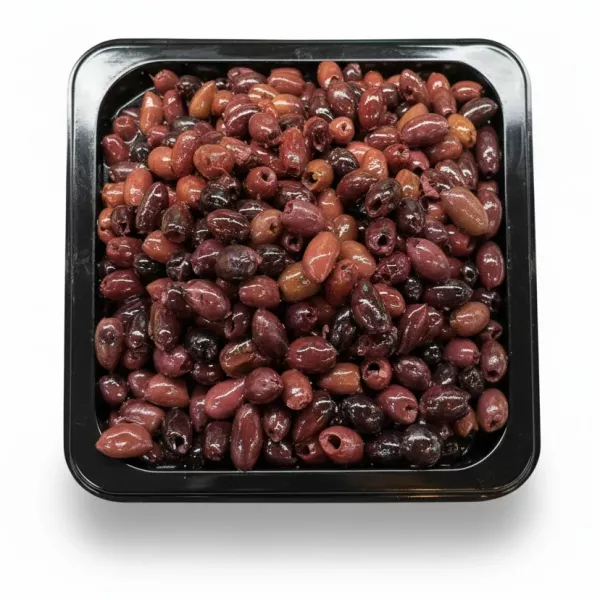 Tray of glossy pitted Kalamata olives