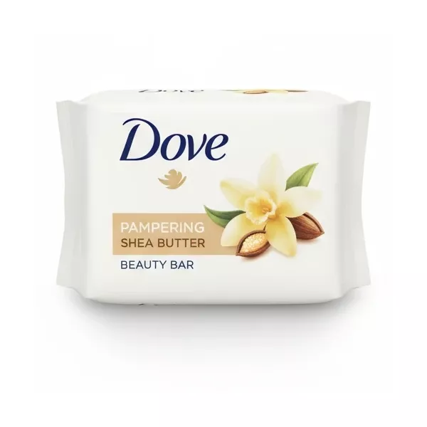 Dove Pampering Shea Butter Beauty Bar pack showing 2 bars with vanilla flower