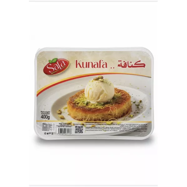 Packaged Kunafa dessert with pistachio and ice cream topping
